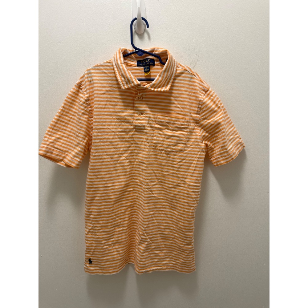 Polo Ralph Lauren Boys Orange White Striped Short Sleeve Polo Shirt Size L 14-16